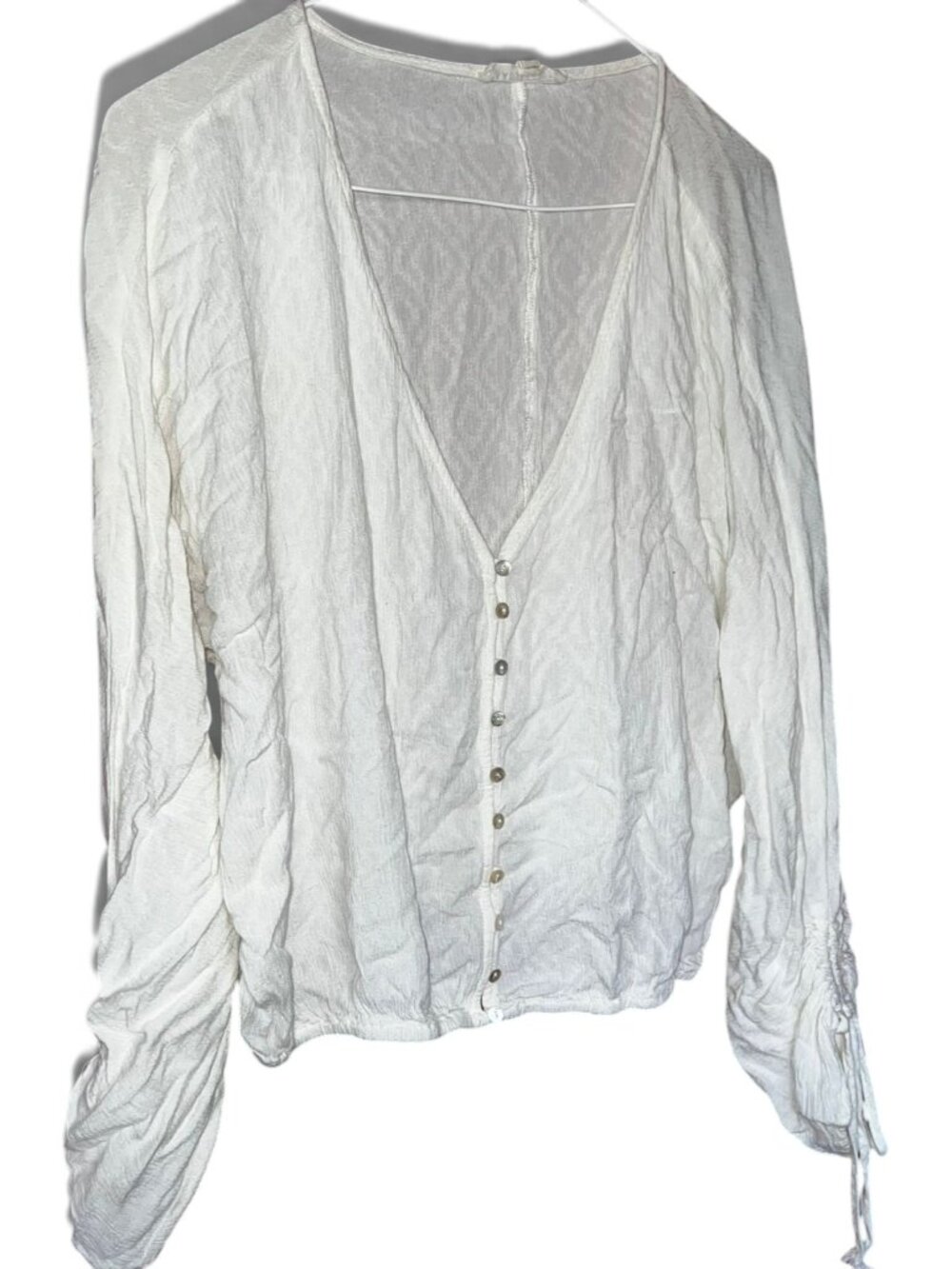Grade & Gather White Button-Front V-Neck Blouse Ruched Sleeve Size S